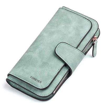 Image de Portefeuille Femme Grande Capacite PU Cuir Porte Monnaie Elégant avec 16 Cartes y Compris 2 fenêtre d&#039;identification, Zippé pour (Vert)