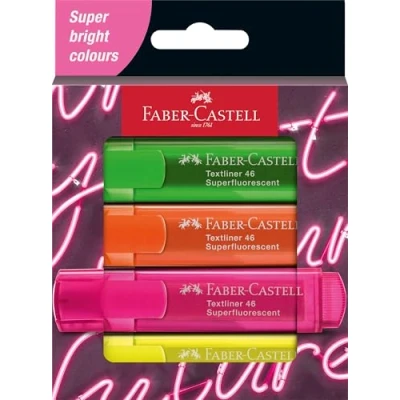 Image de Faber Castell 254600 Surligneur Set 46, étui de 4 pièces, couleurs néon, avec pointe biseautée durable, largeur trait 1 5 mm, rechargeable