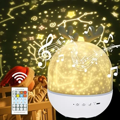 Image de URAQT Veilleuse Enfant Lampe Etoile Projecteur, 360Rotation Musicale + Minuterie Télécommande 6 Couleurs, LED Rechargeable Ciel Etoilé Bébé pour Anniversaire Noël Cadeau