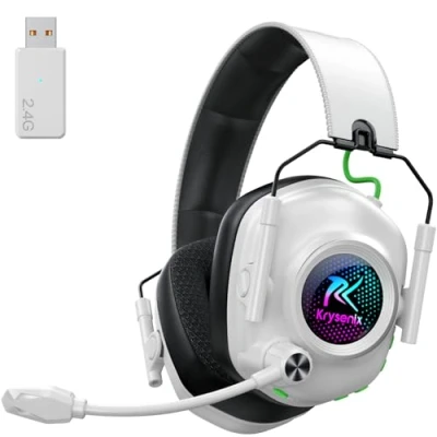 Image de Krysenix KGH2 Casque Gaming sans Fil, 2,4 GHz pour PS4, PS5, PC, Mac, Switch, Bluetooth avec Microphone, Réduction du Bruit, éclairage LED, Blanc Noir