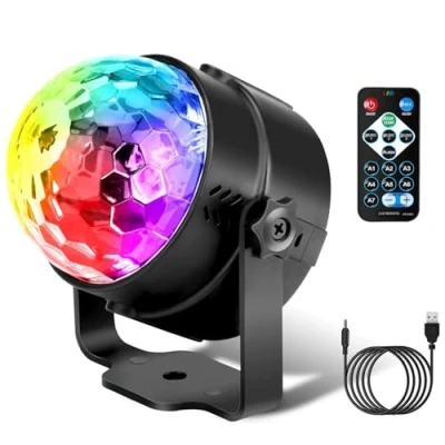Image de Boule Disco, 360 Rotative Boules à Facette Commande Vocale Lampe de Scène，7 Couleurs Jeux Lumiere 3 Modes Disco avec Télécommande et USB Câble, Lumineuse pour Fête/Bar/Club/DJ