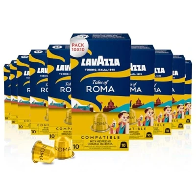 Image de Lavazza, Tales of Roma, 100 Capsules Café Compatibles avec les Machines Nespresso Original, Notes de Noisettes et Chocolat Noir, Arabica Robusta, Intensité 10/13, Torréfaction Moyenne, 10 Paquets