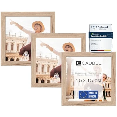 Image de CABBEL Lot de 3 cadres photo 15x15 cm, Naturel, cadre stable en bois MDF, verre plexi incassable, à suspendre &amp; poser, idéal pour photos/images/collages