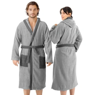 Image de HOMELEVEL Frottee Bademantel 100% Baumwolle Frauen Männer Damen und Herren (XL, Hellgrau/Anthrazit)