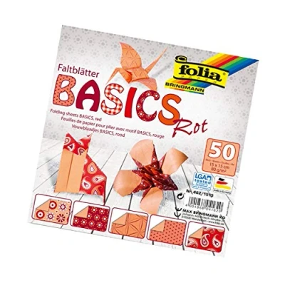 Image de Bringmann Folia Feuilles pour Pliage Basics, 80 g/m², 50 Assorties, avec 5 Motifs différents, Rot, 15 x cm