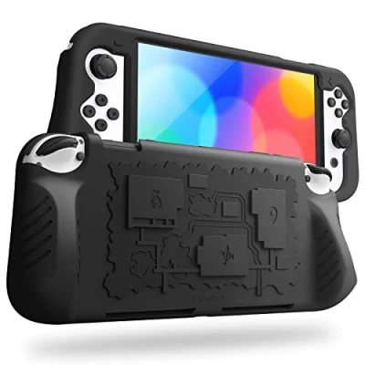 Image de FINTIE Étui Compatible avec Nintendo Switch Modèle OLED 7.0&quot; 2021, [Antichoc] Coque Housse 3 Rangement de Cartes Protection en Silicone Grip Ergonomiques, Noir
