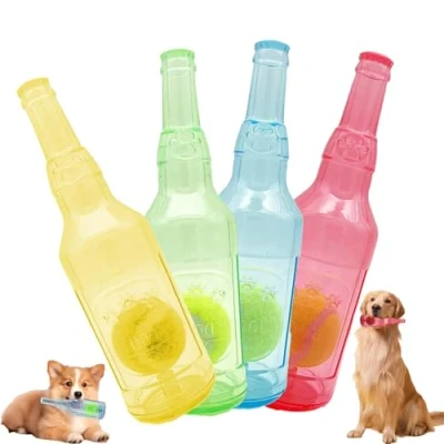 Image de LLELEMAMO Crunch Play Bottle Toy, Crunchnplay Toy for Dogs, 9.7&quot;/7.7&quot; Rubber Water Dog Interesting Squeaky Toys, Outdoor Interactive Chew with Tennis Ball (4Pcs,Small)