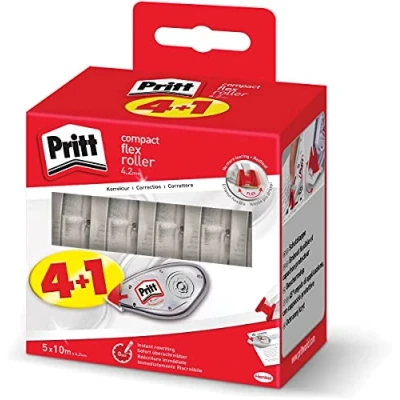 Image de Pritt Compact roller, lot de 5 rubans correcteurs, roller correction pour effacer et corriger, embout flexible &amp; réécriture immédiate, idéal tous les bureaux