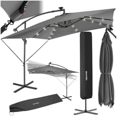 Image de TecTake® Parasol de jardin Exterieur déporté à manivelle 2,5 x m avec éclairage LED solaire, Inclinable, protection UV, Résistant au vent, Housse incluse, Salon