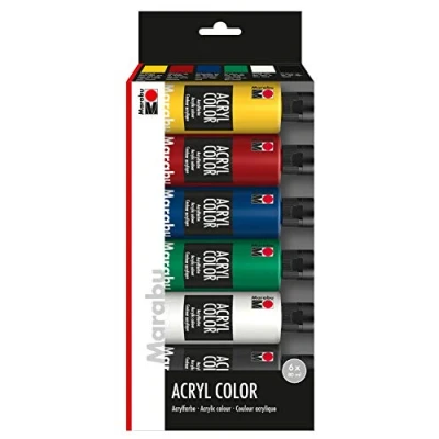Image de Marabu 1201000000080 Lot de 6 flacons peinture acrylique 80 ml en jaune moyen, rouge carmin, bleu vert jus, blanc et noir, crémeuse satinée à base d&#039;eau, séchage rapide