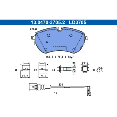 Image de ATE 13.0470 3705.2 Jeu de plaquettes frein préparé pour l&#039;indicateur d&#039;usure, contact signal d&#039;usure inclus VOLKSWAGEN: Multivan T7 (STM