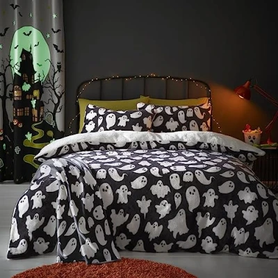Image de Bedlam Housse de Couette Polaire Fantômes Halloween Taille Lit Simple (140 x 200cm) Design Réversible Douce et Moelleuse Blanche Linge Fantôme Décoration