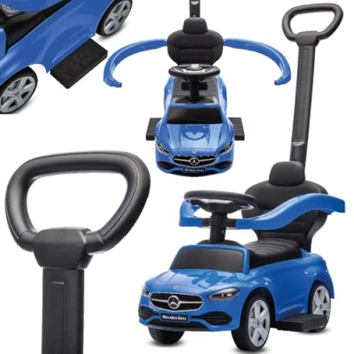 Image de sun baby Voiture à Pousser avec Barre Mercedes C Class dès 12 Mois, Dossier Haut, Volant Audio, Repose Pieds Extensibles, Compartiment de Rangement (Bleu)