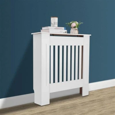 Image de Cache Radiateur, Couverture Radiateur 78x19x81cm, Housse Décorative Blanc en MDF Lattes