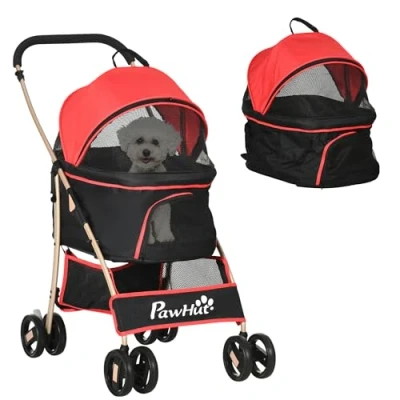 Image de PawHut poussette pour chien, 2 en 1 trolley sac de transport, buggy chien pliable avec coussin, chat petits chiens, chats, 4 roues, fenêtre