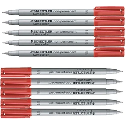 Image de Staedtler Lumocolor, Marqueur universel non permanent, conviens pour la plupart des surfaces, séchage rapide, encre de couleur rouge, largeur trait 0.4 mm, Lot 10 marqueurs, 311 2