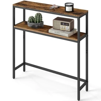 Image de VASAGLE Console pour Couloir, Table de Salon Fine à 2 Niveaux, 20 x 80 cm, d’Appoint avec Étagères, Salon, Chambre, Marron Rustique et Noir d&#039;encre LNT130K01