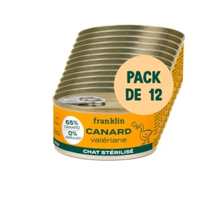 Image de Franklin Pâtées Chat Adulte sans Céréales 12x100g 66% de Viande Contôle du Poids Format canette Canard, Valériane