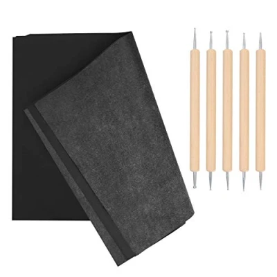 Image de 100 Pièces Papier de Transfert en Carbone, Calque Carbone Noir, Traçage et 5 Stylets Gaufrage pour le Bois, Papier, Toile, Accessoire Copie Pochoir Tatouage