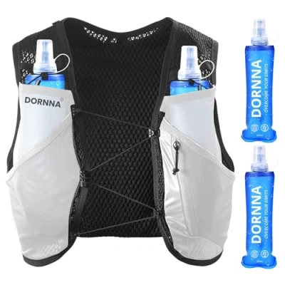Image de DORNNA Light Edition V1 Sac Trail + 2 PCS Gourde Souple 500 ML sans BPA, Hydratation Running Homme e Femme, Gilet Hydratation. (Blanc, XS S)