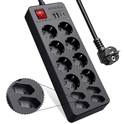 Image de Multiprise Electrique Parafoudre 12 Prises avec USB C,Rallonge Multiprises électriques Interrupteur Prise et 2 C 2USB A Chargeur,Murale Multiple Protection Enfant Cable 1,5m,Noir