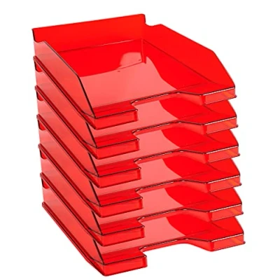 Image de Exacompta Réf. 113224D Lot de 6 corbeilles à courrier COMBO MIDI dimensions utiles 34 x 25 6,5 cm pour documents au format A4 + couleur rouge carmin transparent Glossy