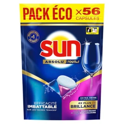 Image de Sun Pastilles Lave Vaisselle Absolu Tout en 1 brillance 56 capsules tablettes imbattables sur les taches tenaces 4x plus de