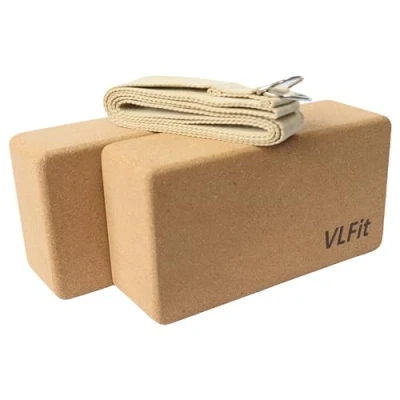 Image de VLFit Lot de 2 blocs yoga en liège Avec sangle 100% coton Respectueux l&#039;environnement Fabriqué naturel et une à boucle D
