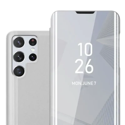 Image de Coque pour Samsung Galaxy S22 ULTRA en AGATE ARGENT Clear View Housse de Protection Étui miroir avec fonction support à 360 degrés Neuf