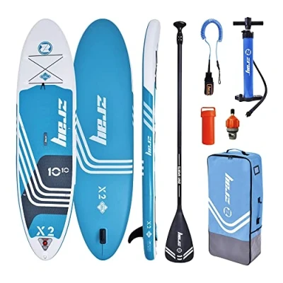 Image de Zray Sup Stand Up Paddle Gonflable X Rider Deluxe 10&#039;10 PB ZX2E Planche Dropstitch Leash, Pagaie, Pompe, Sac de Transport et Kit Option Siege Kayak Jusqu’à 150 kg 293l 330x81x15cm Bleu