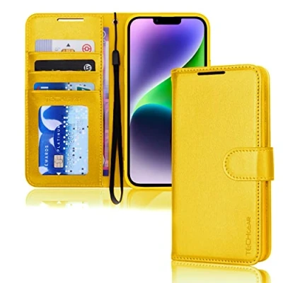 Image de TECHGEAR Etui iPhone 14 Portefeuille Housse en Cuir avec Rabat de Protection, Fentes pour Cartes, Béquille et Dragonne, PU Jaune Compatible 6.1&quot;