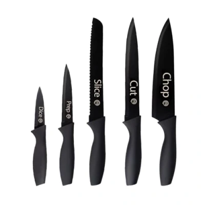 Image de MasterChef Set Couteau Cuisine, Couteaux compris le Hachoir, Office, Chef, Legume &amp; Eplucheur, Noir Inox avec Poignées Confortables, Collection Antirouille, Noir, 5 Pièces