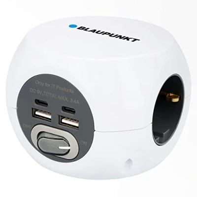Image de Bloc multiprise 3 Prises + 2 USB A C avec Interrupteur Marche/arrêt Blanc 1,4 m