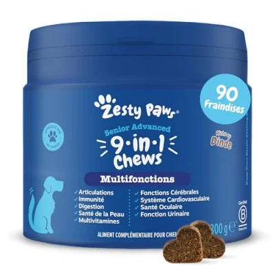 Image de Zesty Paws 9 in 1 Multifonctions Complément pour Chien Senior sous Forme de friandise Soin Complet accompagnement Glucosamine, Chondroïtine 90 Unités