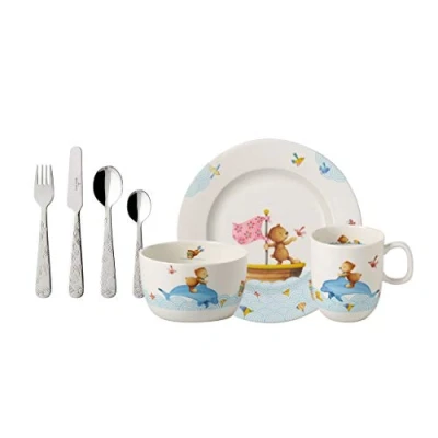 Image de Villeroy &amp; Boch Happy As A Bear Service De Table Pour Enfants 7 Pièces, Garanti Lave Vaisselle, Compatible Micro Ondes, Bol, Couvert Enfant, Porcelaine Premium/Acier Inoxydable, Blanc/Multicolore