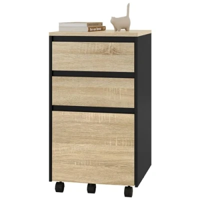 Image de WOLTU Caisson Bureau Mobile, Meuble Rangement, sur roulettes, Documents avec 3 Tiroirs, Chêne Clair et Noir, 40x40x70cm, ASK01hei