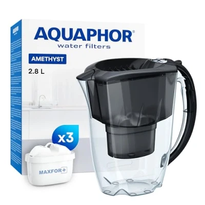 Image de AQUAPHOR Carafe filtrante Amethyst noir&amp; 1 Filtre MAXFOR+ I 2,8 litres Passe dans la porte du réfrigérateur Réduit le calcaire &amp; chlore à eau de table élégant