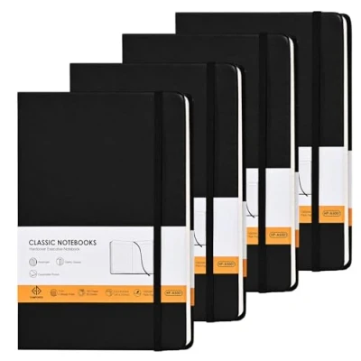 Image de HOMPOWER Lot de 4 carnets lignés format A5 14 x 21 cm, 160 pages lignées avec poche extensible, papier 100 g/m², couverture rigide, noir