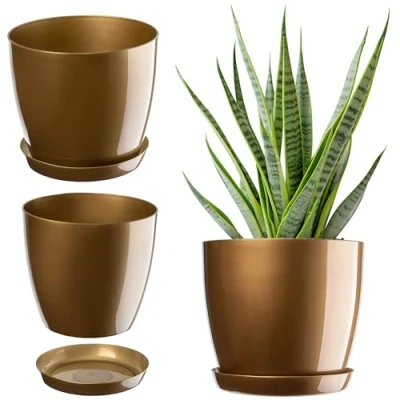 Image de KADAX Élégant Pot de Fleurs, à Plantes avec Soucoupe, Fleurs Rond, en Plastique, Cache pour Interieur Ø 18 cm Or