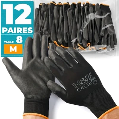Image de 12 paires de gants travail par ISC H &amp; S, nylon, enduit PU ; disponible en S petit (7), M moyen (8), L large (9), XL x (10), XXL xx (11) sans couture, polyvalent, noir