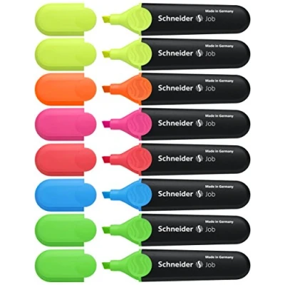 Image de Schneider Job 150 Surligneur (rechargeable) Lot de 8, Couleurs assorties, 2x jaune, vert, orange, rose, rouge, bleu