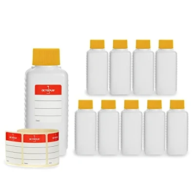 Image de Octopus Bouteilles en Plastique 10 x 100 ML, PE HD avec Bouchon à vis de Jaune, vides Bouchons carrées. Dix étiquettes incluses.