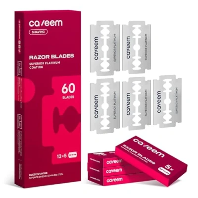 Image de Caveem Lot de 60 lames rasoir sécurité à double tranchant, recharges rechange pour le rasage, en acier inoxydable tous les rasoirs tranchant standards