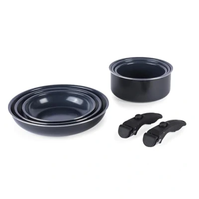 Image de Russell Hobbs RH03321EU7 Smart Clip Lot de 8 Ensemble Casseroles et Poêles Empilables, Céramique Antiadhésives, 2 Poignées Détachables, Coffre fort pour table cuisson à induction four