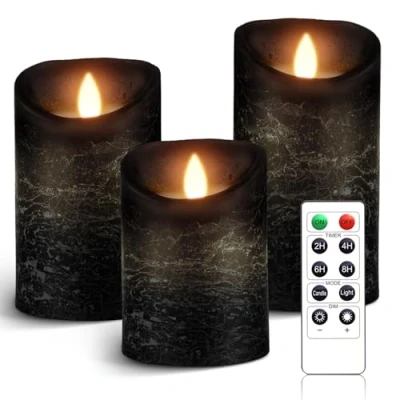 Image de AnnSpa 3 Set Bougies LED sans Flamme Fonctionne sur Batterie avec Télécommande, Vraie Cire Flickering Moving Mèche Scintillante Lumière Jaune Ambre, non Parfumée pour Cadeau et Décoration（Black