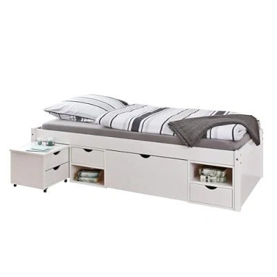 Image de Inter Link Lit simple Multifonction fonctionnel Avec rangements table de chevet 3 tiroirs 2 niches Bois massif sommier Blanc vernis Till 90 x 200 cm