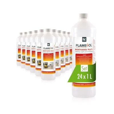 Image de FLAMBIOL Bioéthanol 96,6% Premium 24 x 1 L pour Cheminée de Table, &amp; déco Jardin sans Fumée ni suie A Base maïs Betteraves