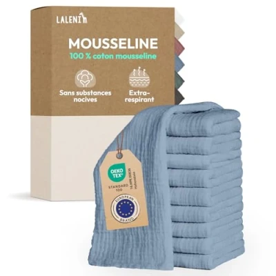 Image de Laleni Lot de 30 Lange Bebe 70x70 Langes Coton bébé Haute qualité 100% Multi Usage Gaze mousselines très absorbantes debarbouillette Lavable Carre Bleu