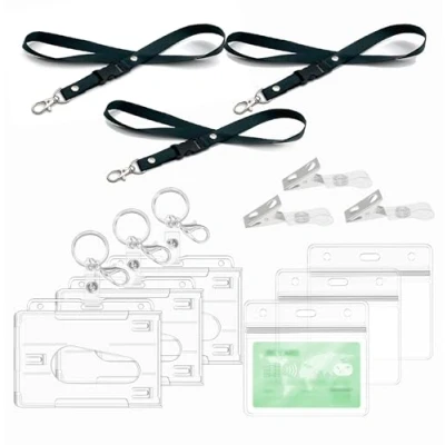 Image de Porte Badges avec Cordon, clips, badge transparent dur,pour Cartes de Proximité, Crédit, d&#039;Identité et Cartes, Carte Bus (3 Set Horizontal)