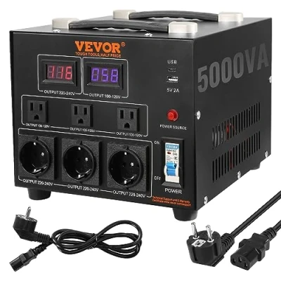 Image de VEVOR Transformateur 220 V⇄110 V Convertisseur de Tension Élévateur Abaisseur 5000 W Puissance avec 3 Prises US NEMA 5 15R Broches EU Shucko 1 Port USB Prise Type C